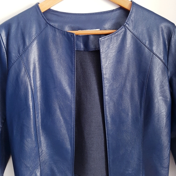 Faux Leather Collarless Blue Blazer - Picture 2 of 8